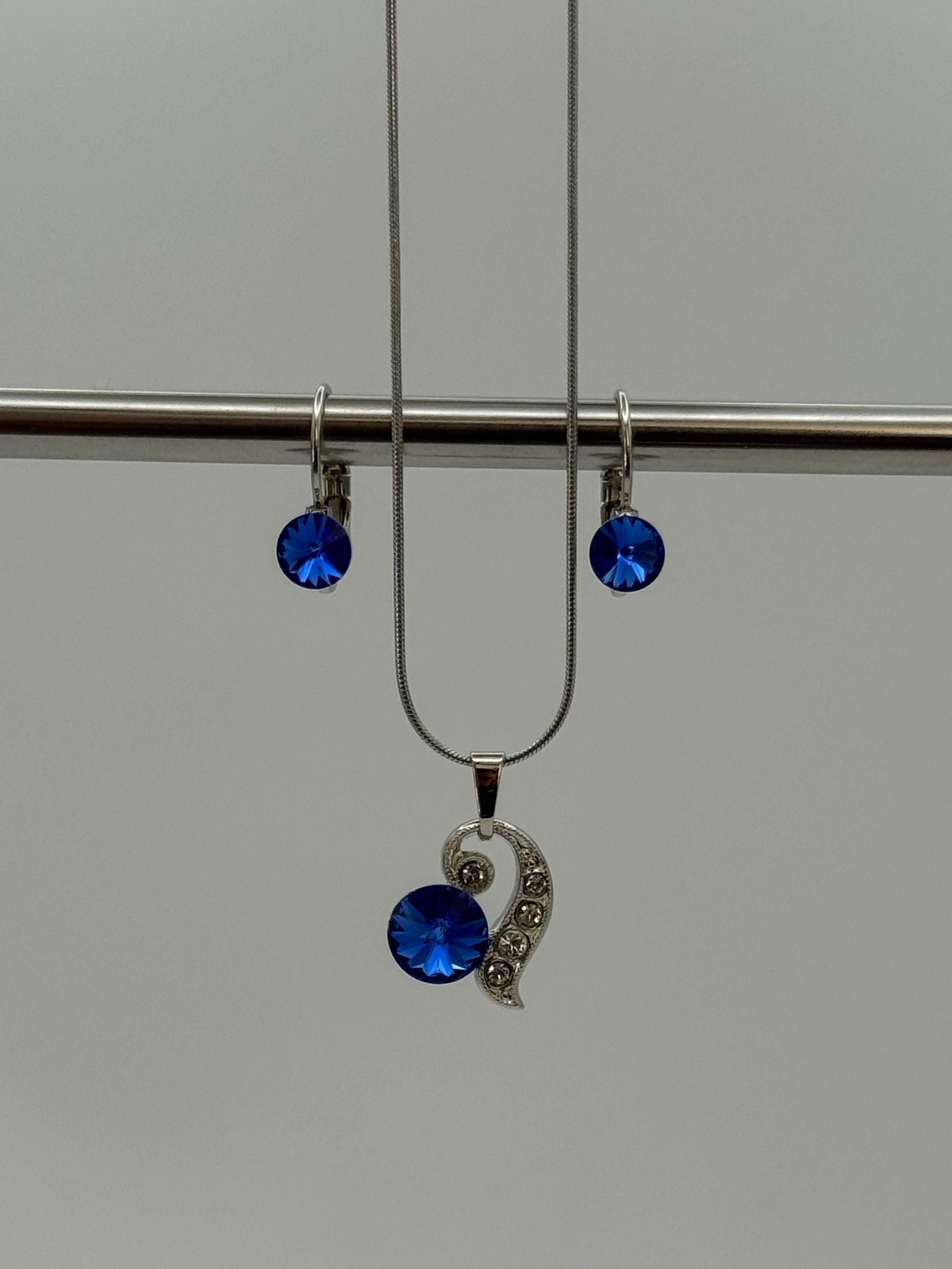 Sapphire-Blue Crystal Drop Earrings & Swirl Pendant Necklace Set