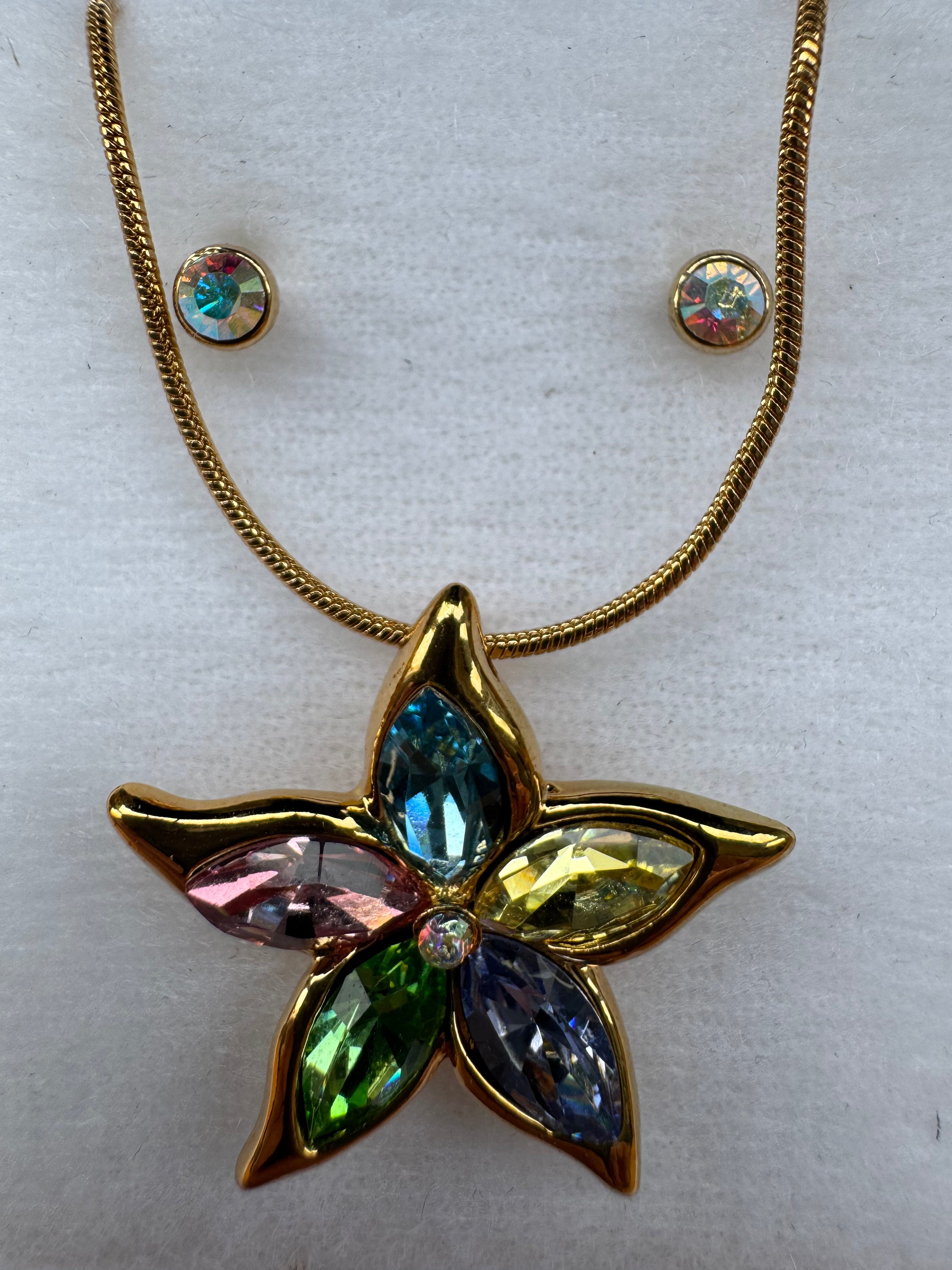 Crystal Flower Pendant Necklace & Stud Earrings Set